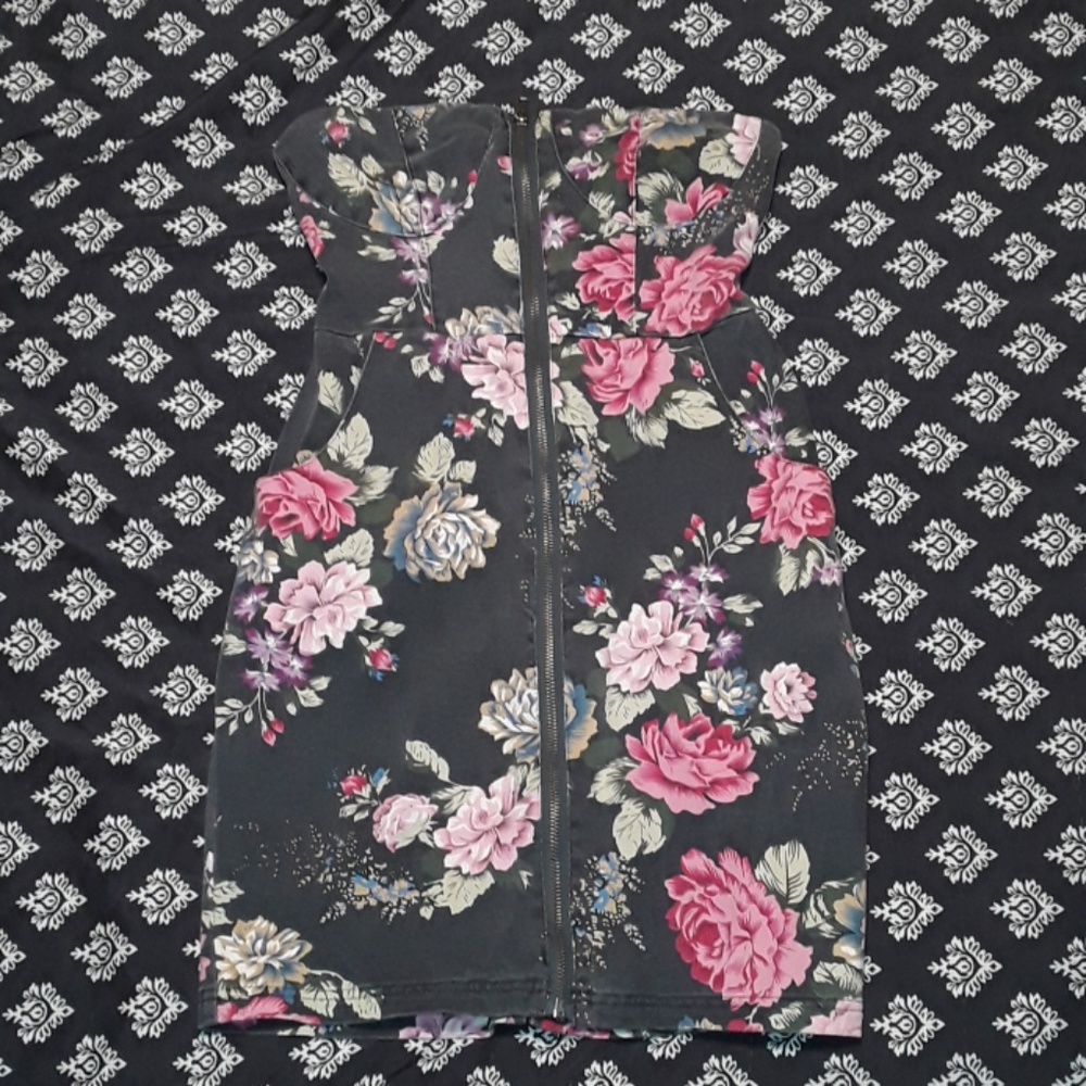 Distressed Denim Strapless Floral Dress